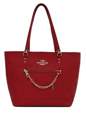 Coach Town Car Tote Crossgrain Leather Red Gold Chain Bag 34817